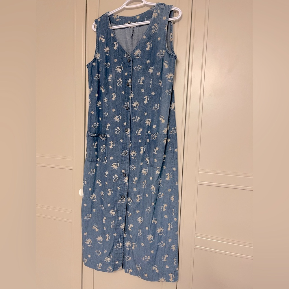 Vintage 90’s Leigh Morgan Cotton Denim Button Down Sleeveless Maxi Dress - Picture 2 of 11